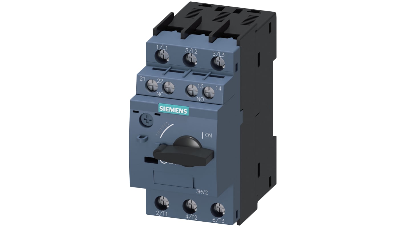 Interruttore automatico Siemens 3RV2021-4CA15, 3 poli, corrente 17-22 A, montaggio su guida DIN, dimensioni 45 x 96.9 x 97 mm.