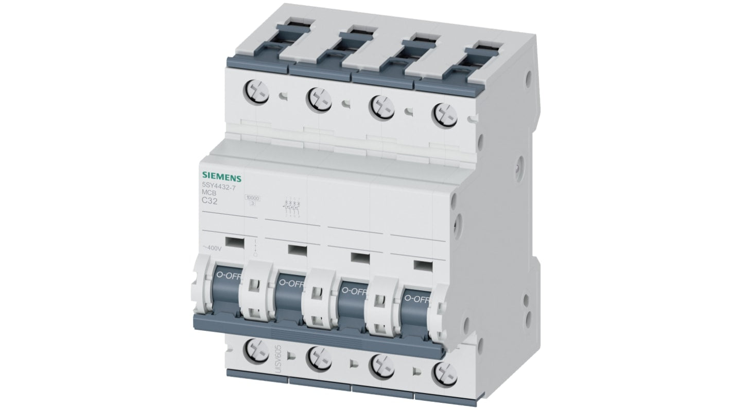 Interruttore magnetotermico Siemens 4P 32A 10 kA, Tipo C, cod. 5SY4432-7. Foratura automatica, montaggio su guida DIN. Ideale per uso industriale e residenziale.