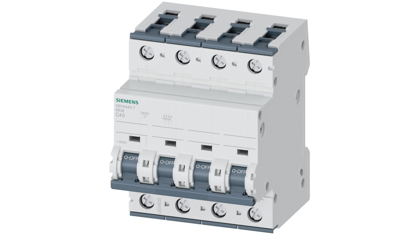 Interruttore magnetotermico Siemens 4P 40A 10 kA, Tipo C, Serie 5SY4 - 5SY4440-7. Foratura automatica, caratteristiche B, C e D. Adatto per uso industriale e residenziale.