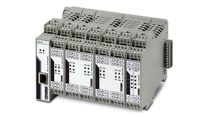 Modulo di espansione Phoenix Contact 2702233 per PLC, montaggio su guida DIN, compatibile con Ethernet, dimensioni 22,5 x 114,5 x 99 mm.