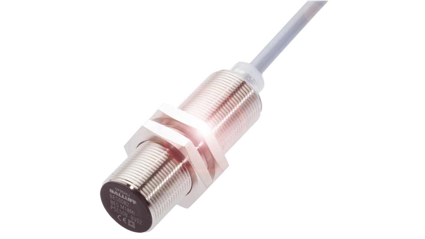 BALLUFF BES M18MI-PSC80B-BV02, sensore di prossimità induttivo cilindrico PNP M18, rilevamento 8 mm, IP68, montaggio a filo.