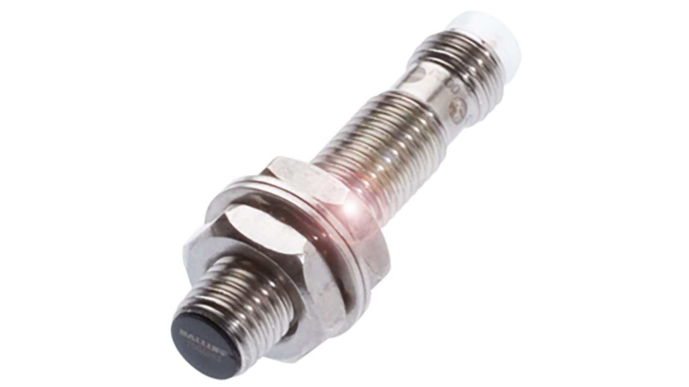 Sensore di prossimità cilindrico BALLUFF BES M08EE-PSC20B-S49G, PNP, M8, rilevamento 2 mm, IP68, acciaio inox, 10-30 V c.c.
