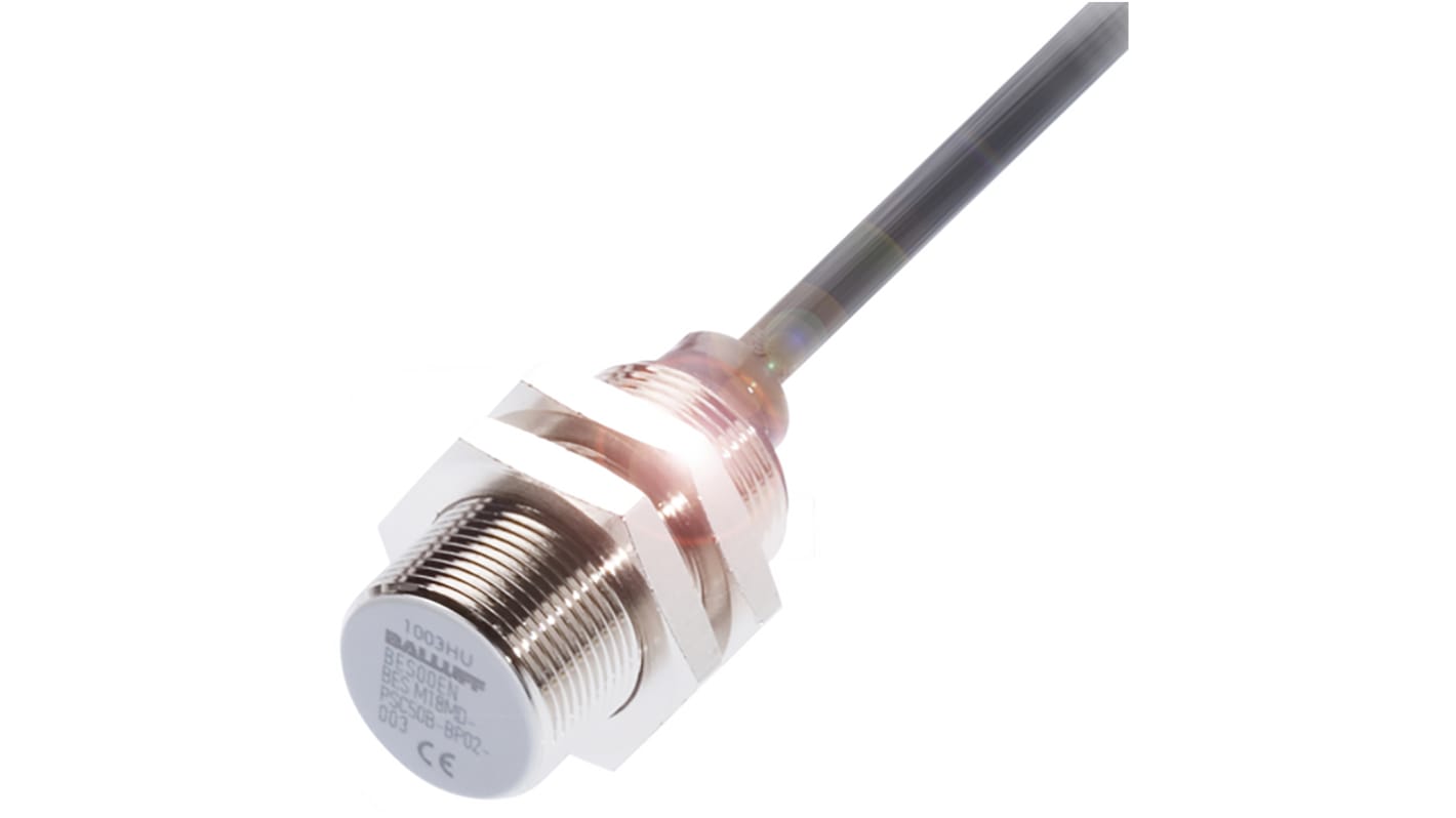 BALLUFF BES M18MD-PSC80B-BP03-003, sensore di prossimità induttivo cilindrico PNP, rilevamento fino a 8 mm, montaggio a filo, IP67.