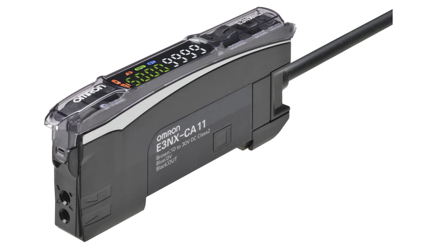 Omron E3NX-CA11 2M, amplificatore fibra NPN precablato, 10-30 V c.c., montaggio su guida DIN, dimensioni 104,8 x 33,5 x 10 mm.