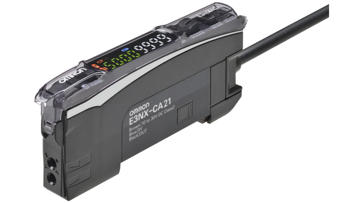 Amplificatore fibra NPN Omron E3NX-CA21 2M, precablato, 10-30 V c.c., dimensioni 104,8 x 33,5 x 10 mm, grado di protezione IP20.