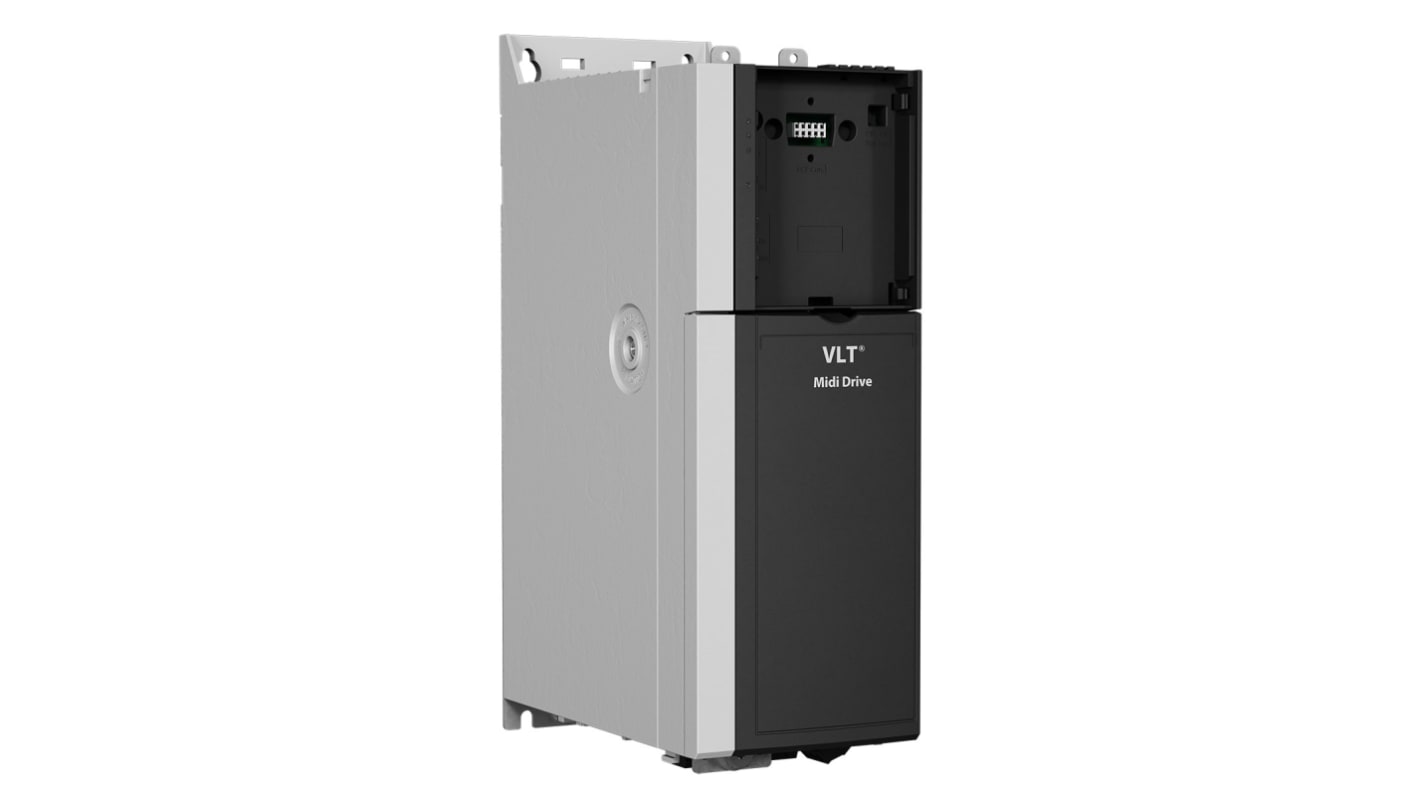 Inverter Danfoss 134U7719, 4 kW, 400 V, 3 fasi, montaggio a pannello, dimensioni 90x168x272,5 mm, filtro incluso.