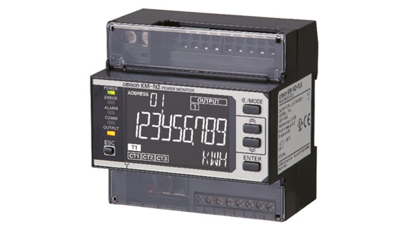 Monitoraggio della potenza del motore Omron KM-N2-FLK, 4 ingressi/uscite, LCD bianco, montaggio su guida DIN, dimensioni 90x90x65 mm.