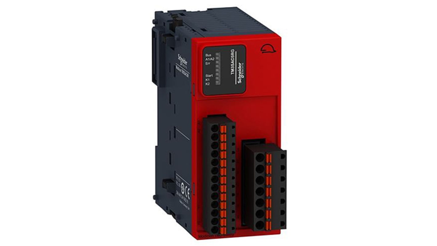 Modulo di sicurezza Schneider Electric TM3SAF5RG per PLC Modicon, 24 V c.c., 3 contatti NO, montaggio su guida DIN, dimensioni 43,7 x 73 x 94 mm.
