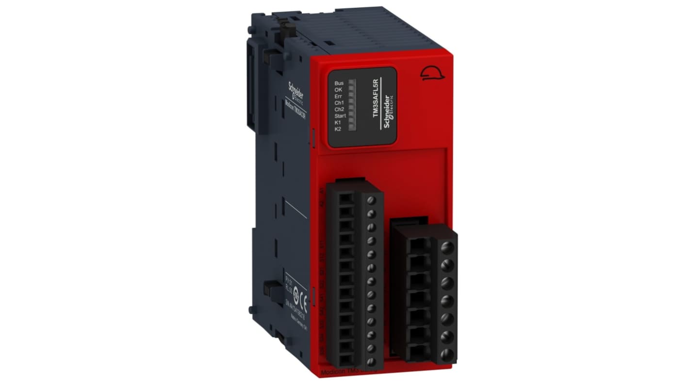 Modulo di sicurezza Schneider Electric TM3SAFL5R per PLC TM2xx, montaggio su guida DIN, dimensioni 42,9 x 84,6 x 90 mm.