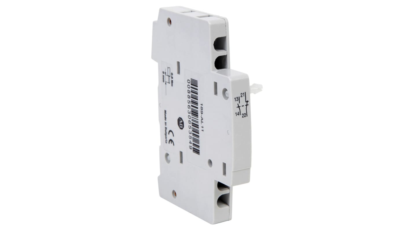Allen Bradley 189-AL11, modulo contatti ausiliari per interruttore automatico, montaggio su guida DIN, dimensioni 85 x 8,8 x 64,2 mm.