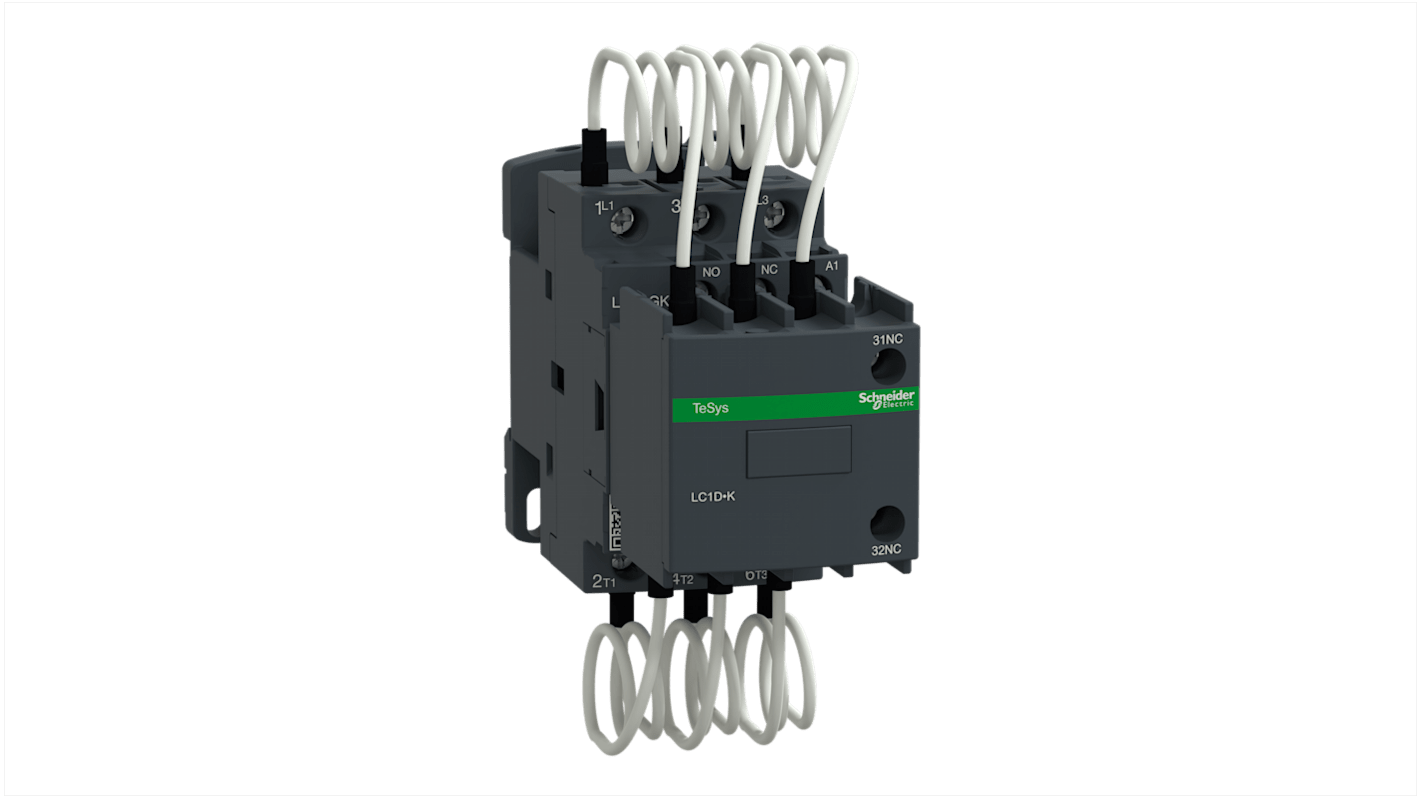 Contattore Schneider Electric LC1DGKF7 per commutazione condensatore, 3 poli, 21 A, montaggio a pannello, dimensioni 122x45x130 mm.