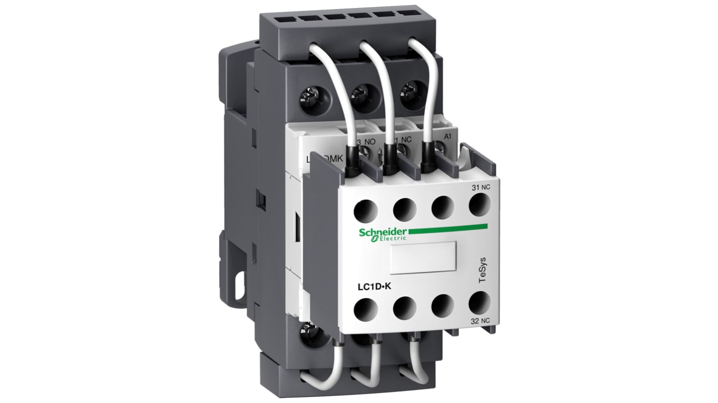 Contattore Schneider Electric LC1DMKU7 per commutazione condensatore, 3 poli, 36 A, montaggio a pannello, dimensioni 127x45x125 mm.