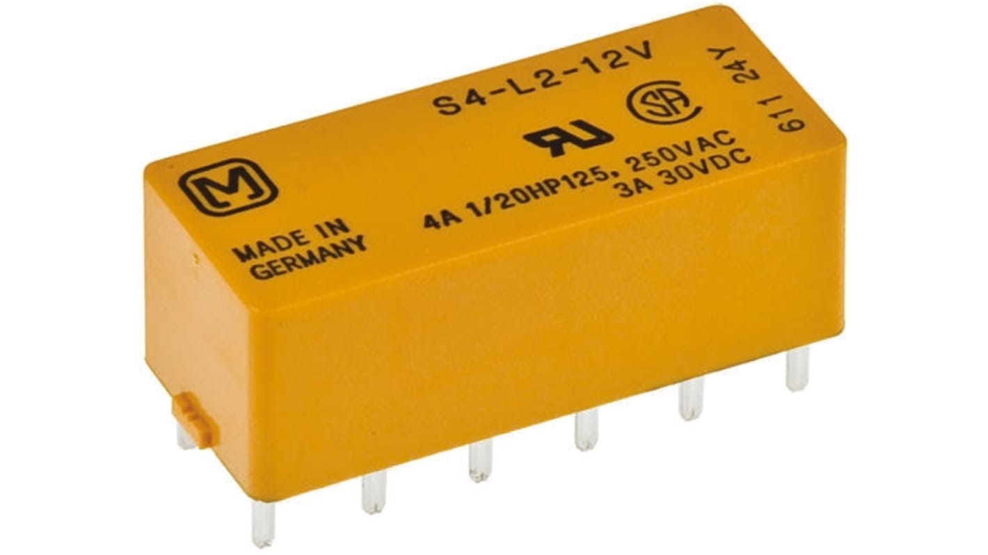 Relè bistabile Panasonic S4-L2-DC12V, 4PST-NA, montaggio su PCB, 3A, 250V, dimensioni 28x10.4x12mm, peso 8g.