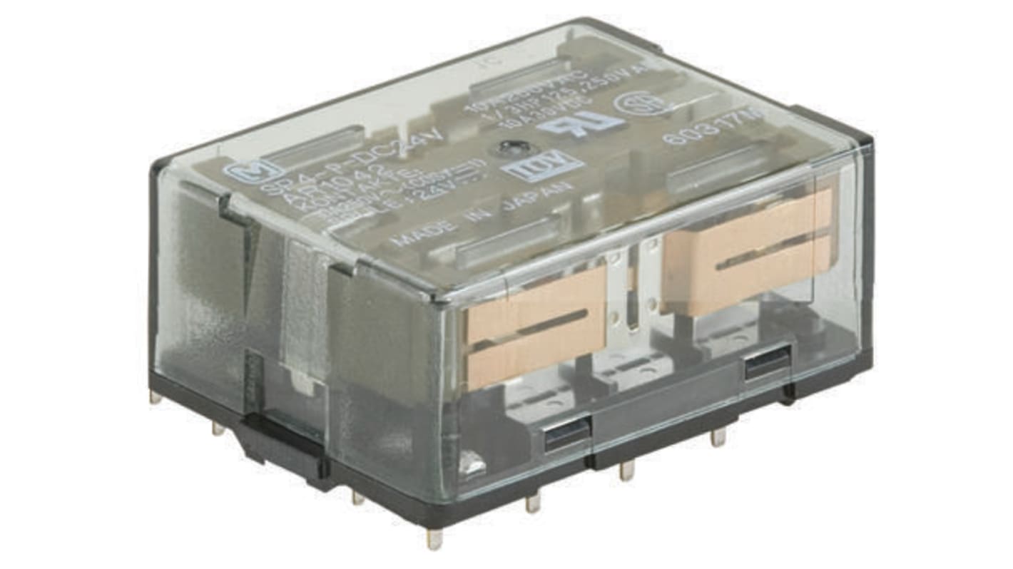 Relè di potenza Panasonic SP 4PDT, 24V cc, montaggio su PCB, dimensioni 22 x 50 x 25,6 mm, corrente 10A, vita operativa 100000 cicli.
