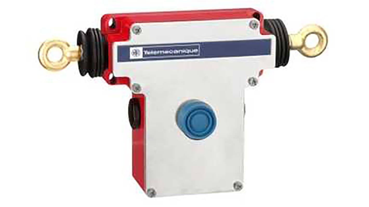 Interruttore a fune Telemecanique Sensors XY2CEDA290, configurazione 2NA 2NC, protezione IP66, acciaio inox, dimensioni 285 x 106 x 142 mm.