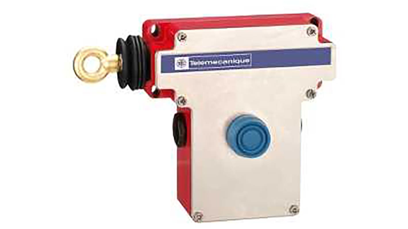 Interruttore a fune Telemecanique Sensors XY2CE, cavo 70m, 2NA/2NC, custodia in acciaio inox, protezione IP66, dimensioni 229 x 105 x 142mm.
