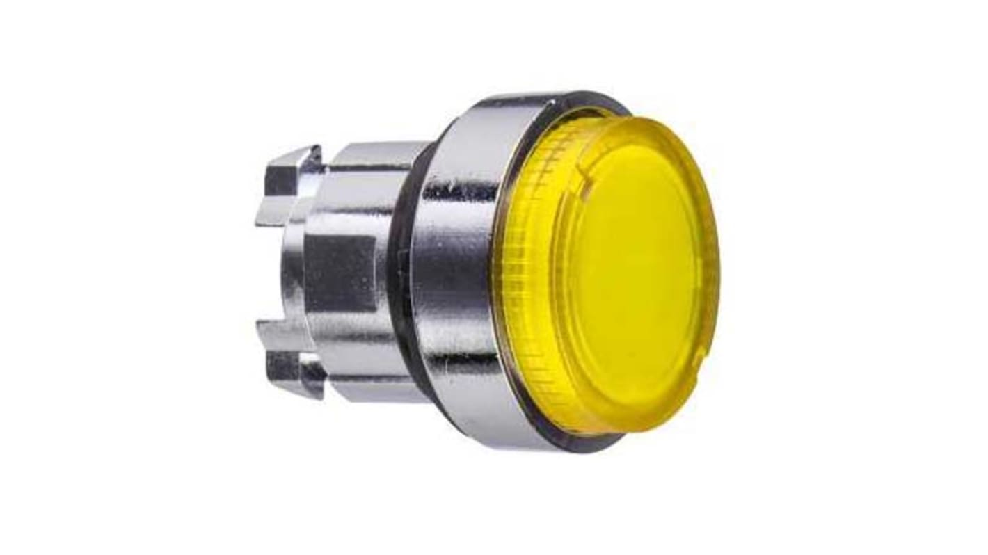 Attuatore pulsante instabile giallo Schneider Electric, serie Harmony XB4, diametro 22mm, protezione IP66/IP69K, design rotondo.
