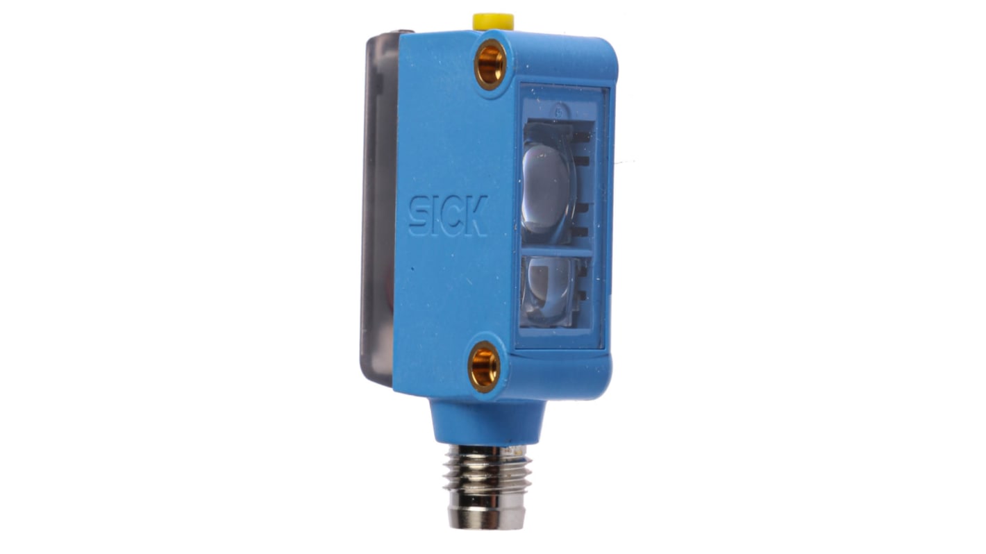 Sensore di contrasto Sick KTM-MP11181P, LED bianco, rilevamento 12,5 mm, uscita PNP, IP67, montaggio su flangia.