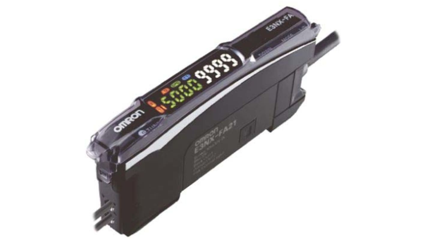 Sensore PNP Omron E3NX-FA54 per fibre ottiche, con connettore M8 a 4 pin, dimensioni 104,8 x 33,5 x 10 mm, montaggio su guida DIN.