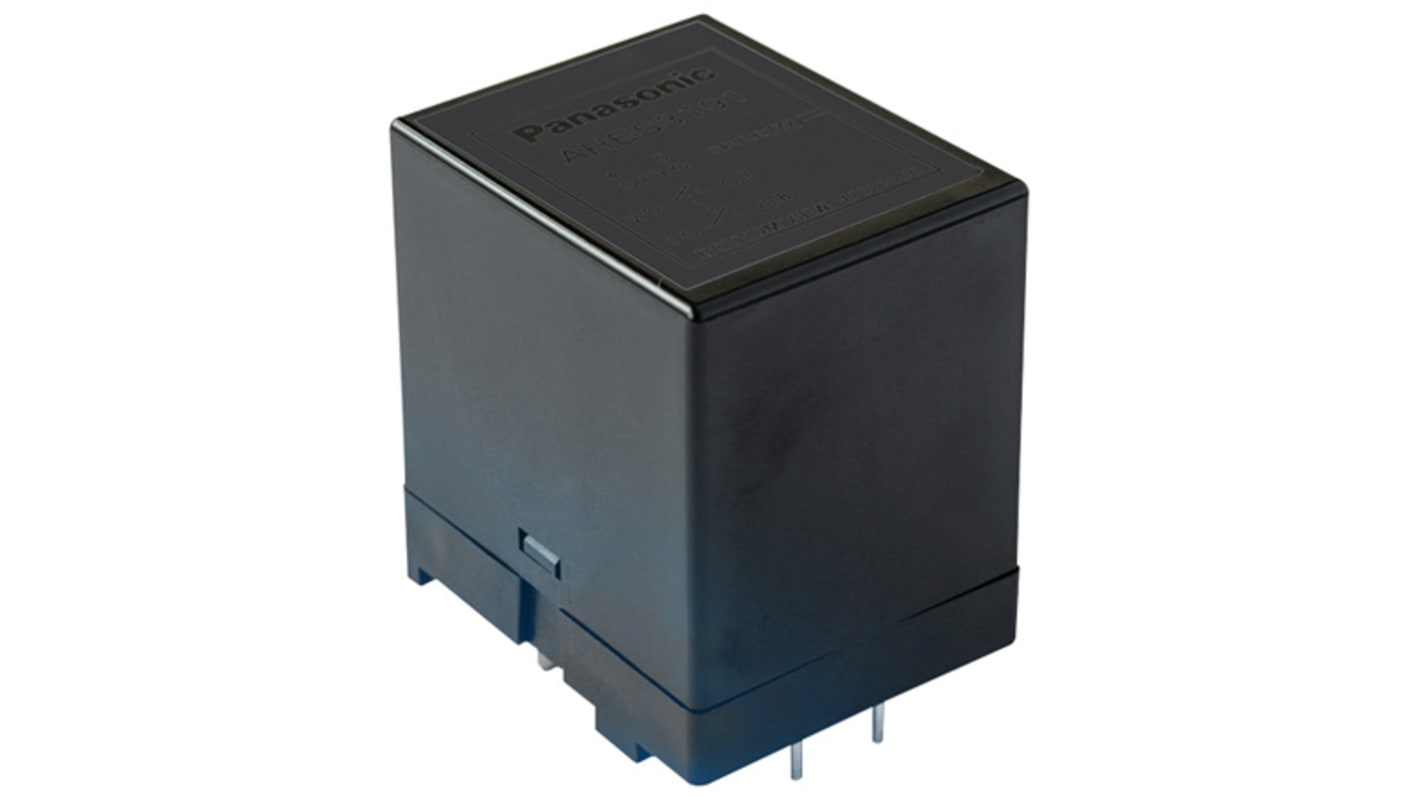 Relè di potenza Panasonic AHES3191 DPST, montaggio su PCB, 12V cc, 35A, dimensioni 30x40x36mm, intervallo -40°C/+85°C.