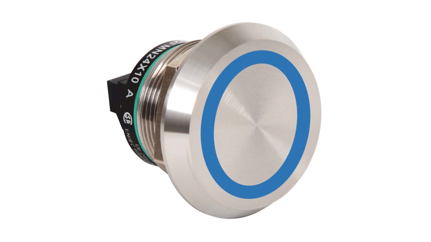 Pulsante SPST illuminato Allen Bradley 800K-22FMB24X10, montaggio a pannello, IP69K, corpo in acciaio inox, 24 V CC.