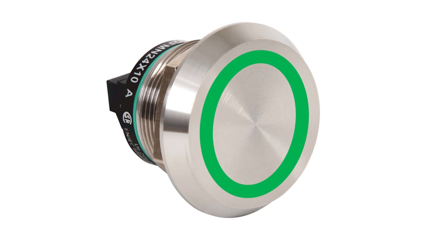 Pulsante SPST luminoso Allen Bradley 800K-22FMG24X10, montaggio a pannello, diametro foro 22 mm, colore verde, IP69K.