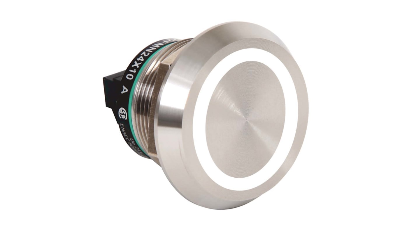 Pulsante SPST luminoso Allen Bradley 800K-22FMW24X10, montaggio a pannello, diametro foro 22,5 mm, grado di protezione IP68/IP69K.