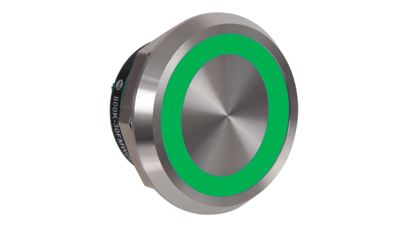 Pulsante Allen Bradley 800K-30FMG24X10 SPST luminoso verde, montaggio a pannello, diametro 30,5 mm, IP68/IP69K.