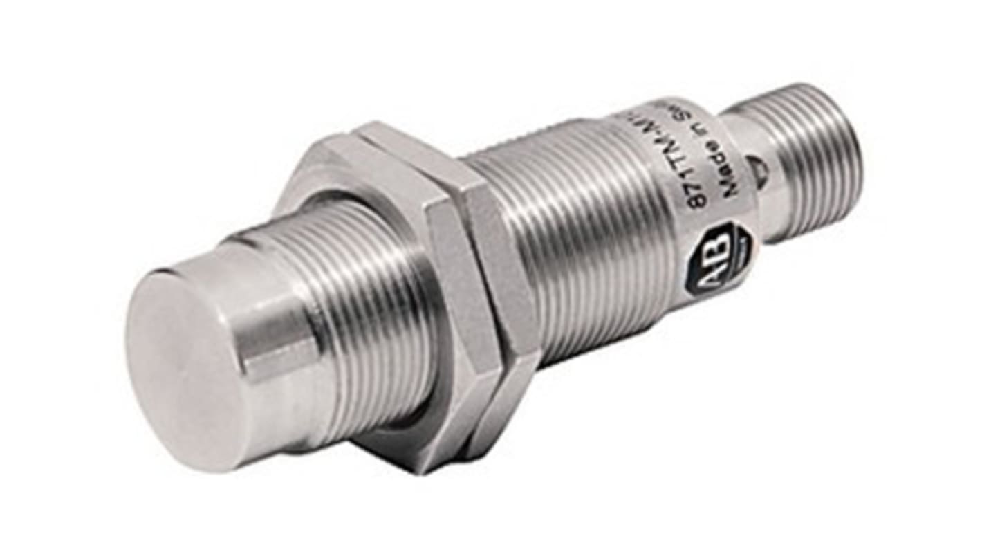 Sensore di prossimità cilindrico PNP Allen Bradley 871TM-M10NP18-A2, M18 x 1, rilevamento 10 mm, IP68/IP69K, acciaio inox.