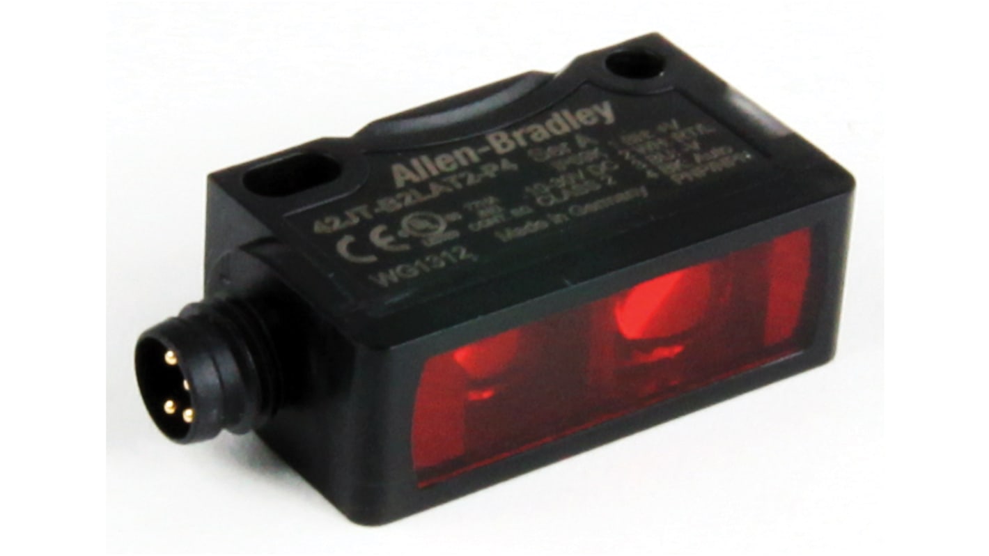 Sensore fotoelettrico rettangolare Allen Bradley 42JT-B2LAT2-P4, con soppressione dello sfondo, gamma di rilevamento 3-400 mm, montaggio su flangia.