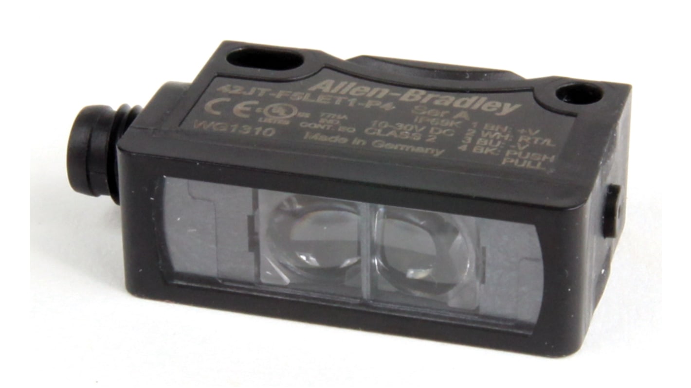 Allen Bradley 42JT-F5LET1-P4, sensore di contrasto LED bianco, rilevamento 12 mm, montaggio su flangia, IP67/IP69K.