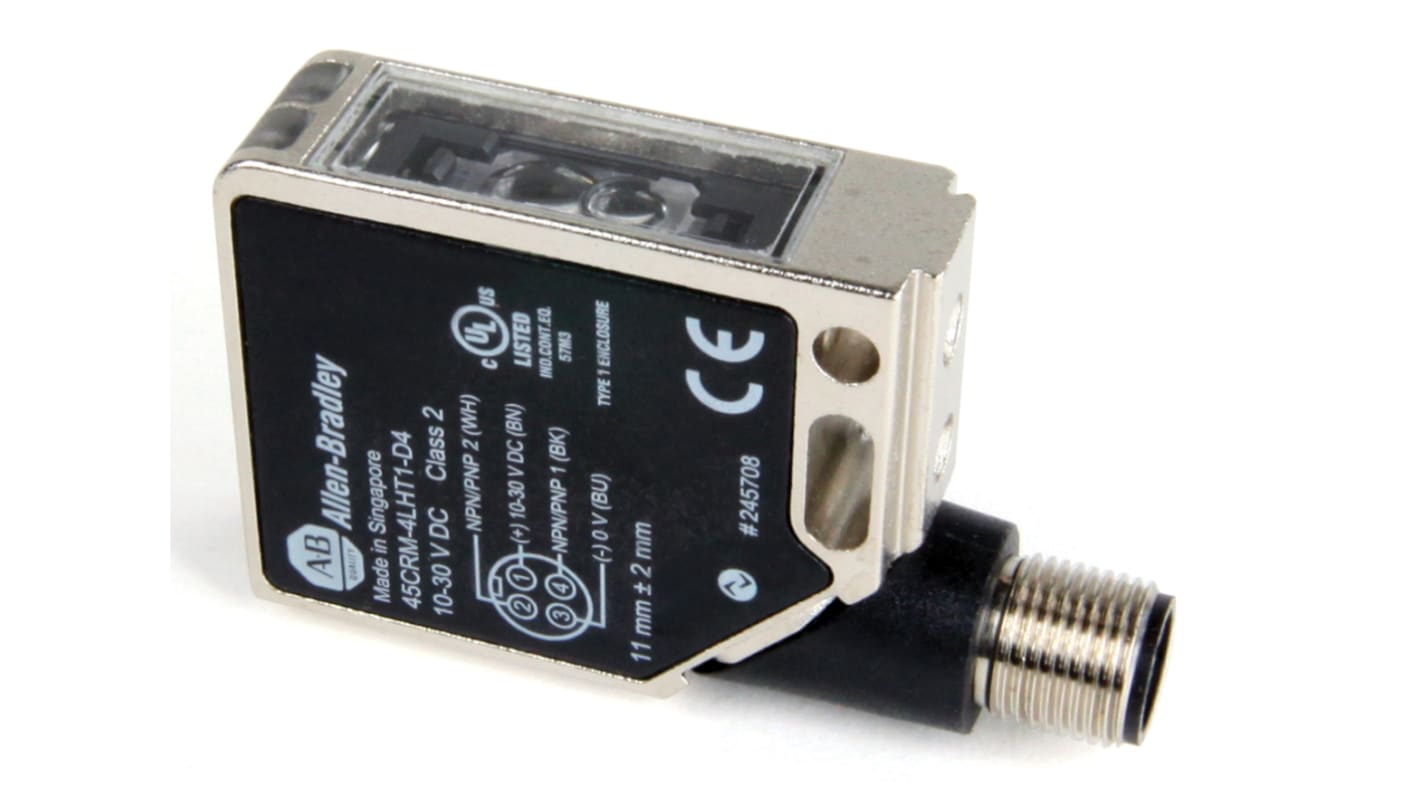 Sensore di colore Allen Bradley 45CRM-4LHT1-D4, LED RGB, montaggio su flangia, grado di protezione IP67, uscita NPN/PNP.