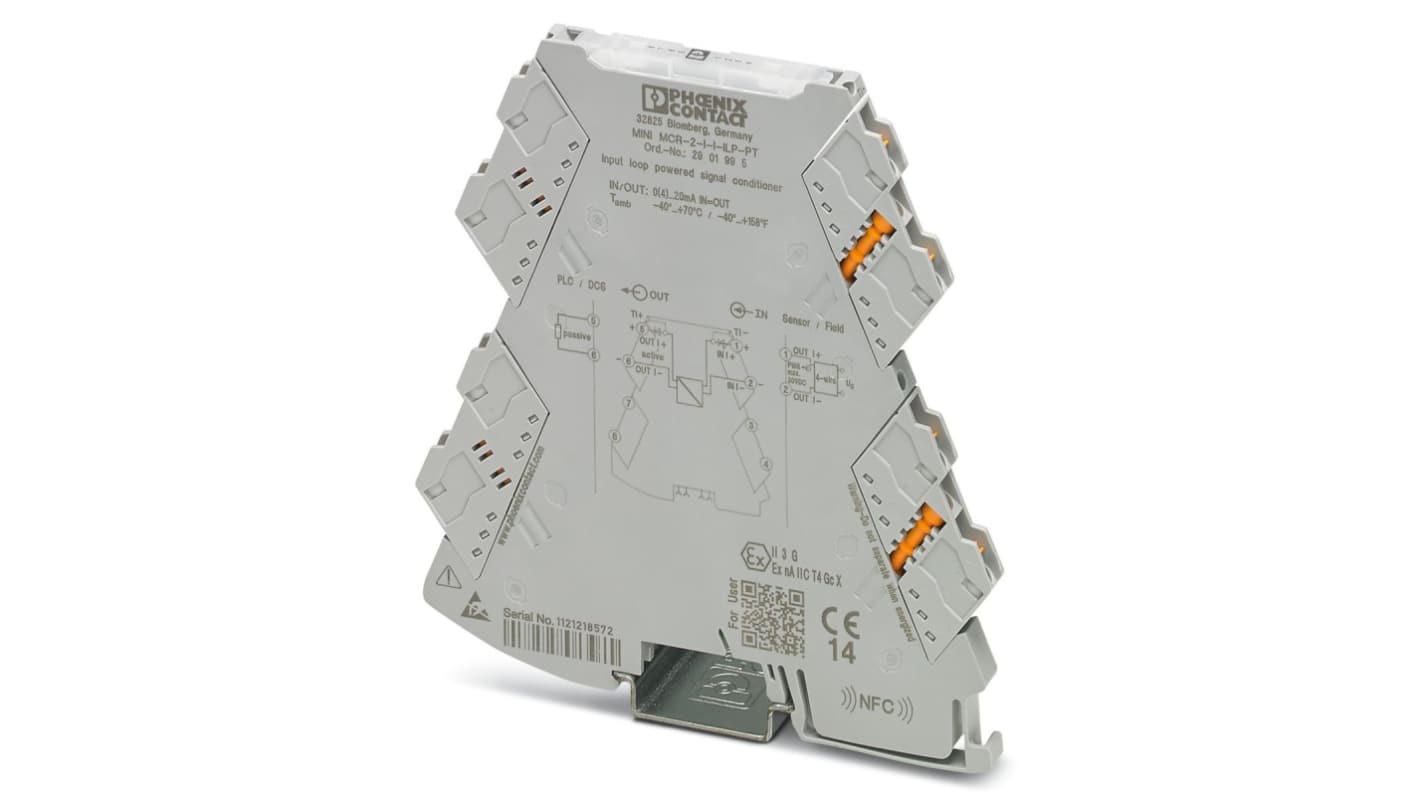 Condizionatore di segnale Phoenix Contact 2901995, ATEX, 2 canali, montaggio su guida DIN, dimensioni 110,5 x 6,2 x 120,5 mm.