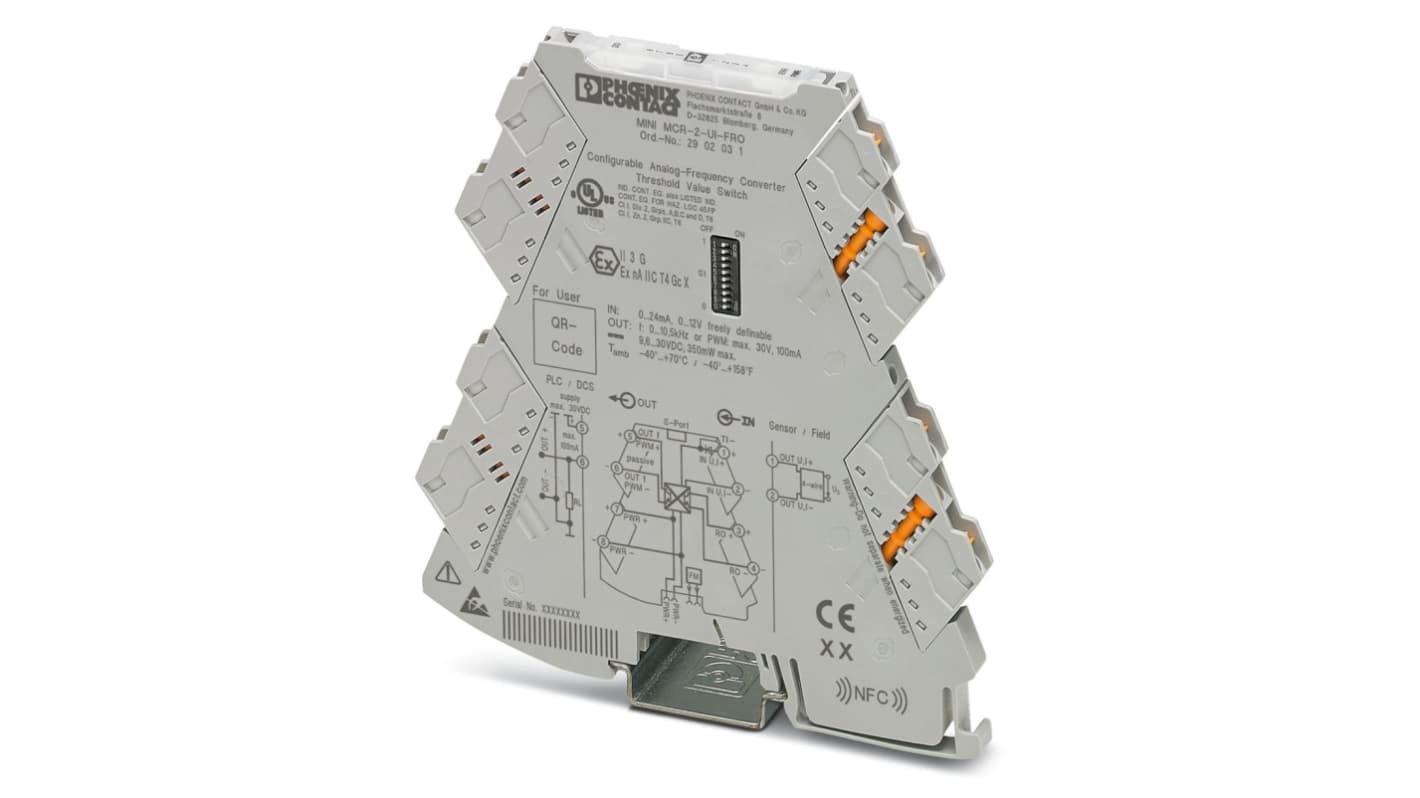 Phoenix Contact, condizionatore di segnale MINI MCR, trasduttore configurabile per segnali PWM e frequenza, montaggio su guida DIN.