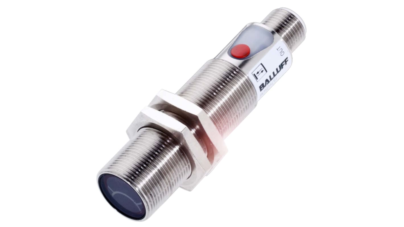 Sensore fotoelettrico cilindrico BALLUFF BOS 18M-PI-RD30-S4, rilevamento 1-500 mm, uscita PNP, montaggio filettato, IP67.