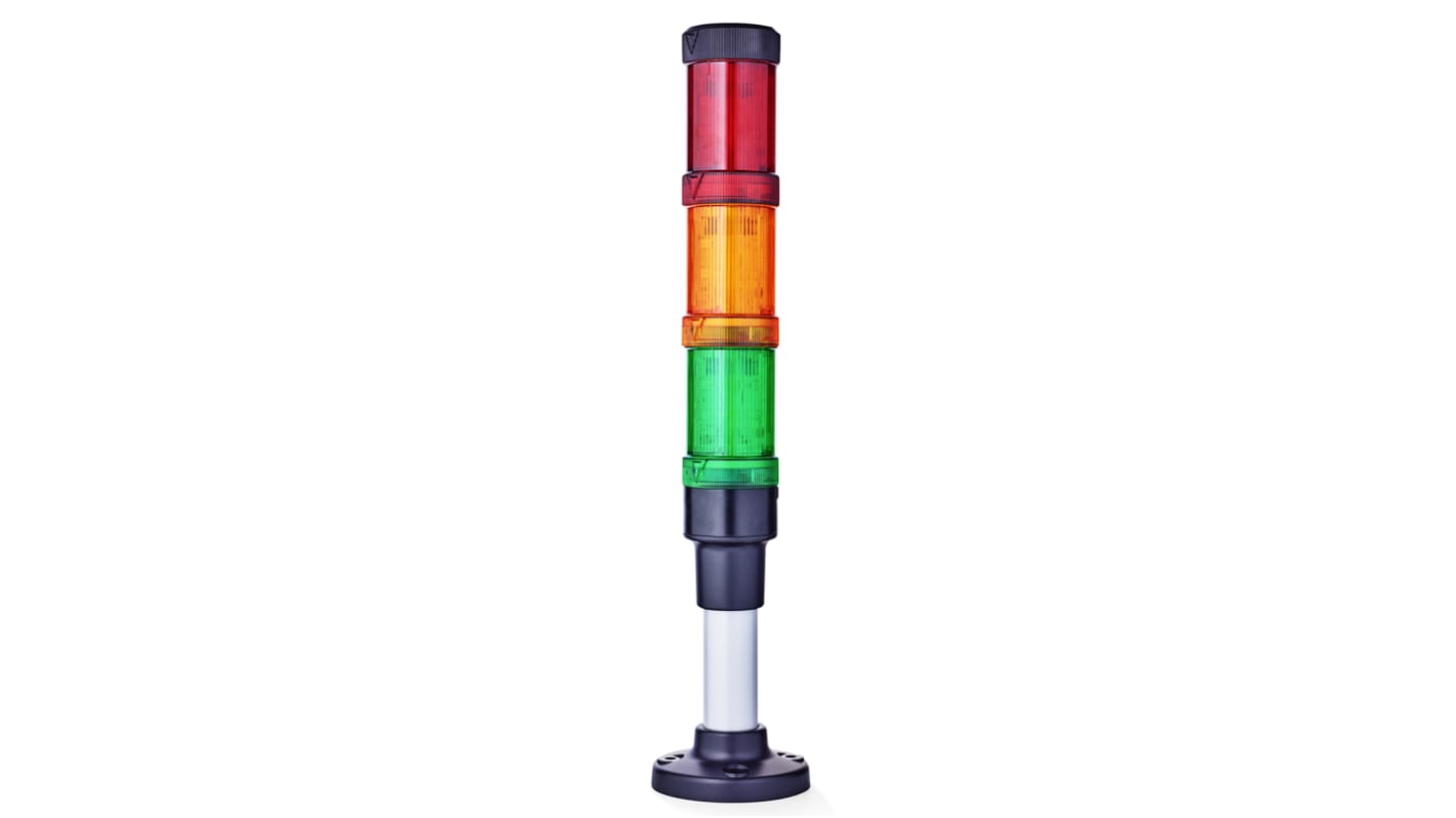 Torretta di segnalazione LED AUER Signal ECO40-Q01, 3 elementi luminosi, IP66, montaggio su base di 42 mm, 24 V, diametro 40 mm.