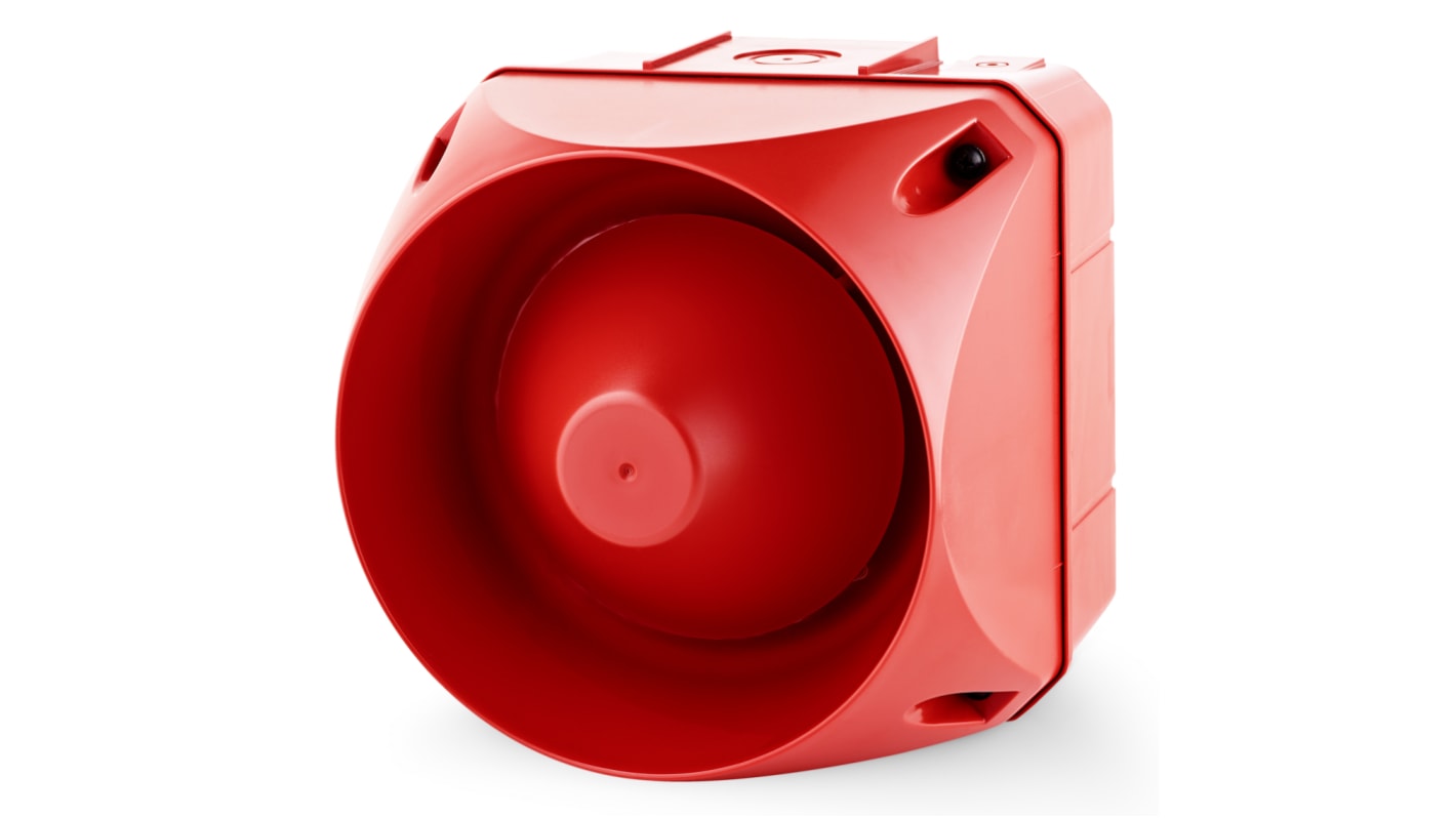 AUER Signal 874360408, segnalatore acustico multitono rosso, montaggio superficiale, 24-48 V, IP66, 120 dB, dimensioni 184 mm x 184 mm.