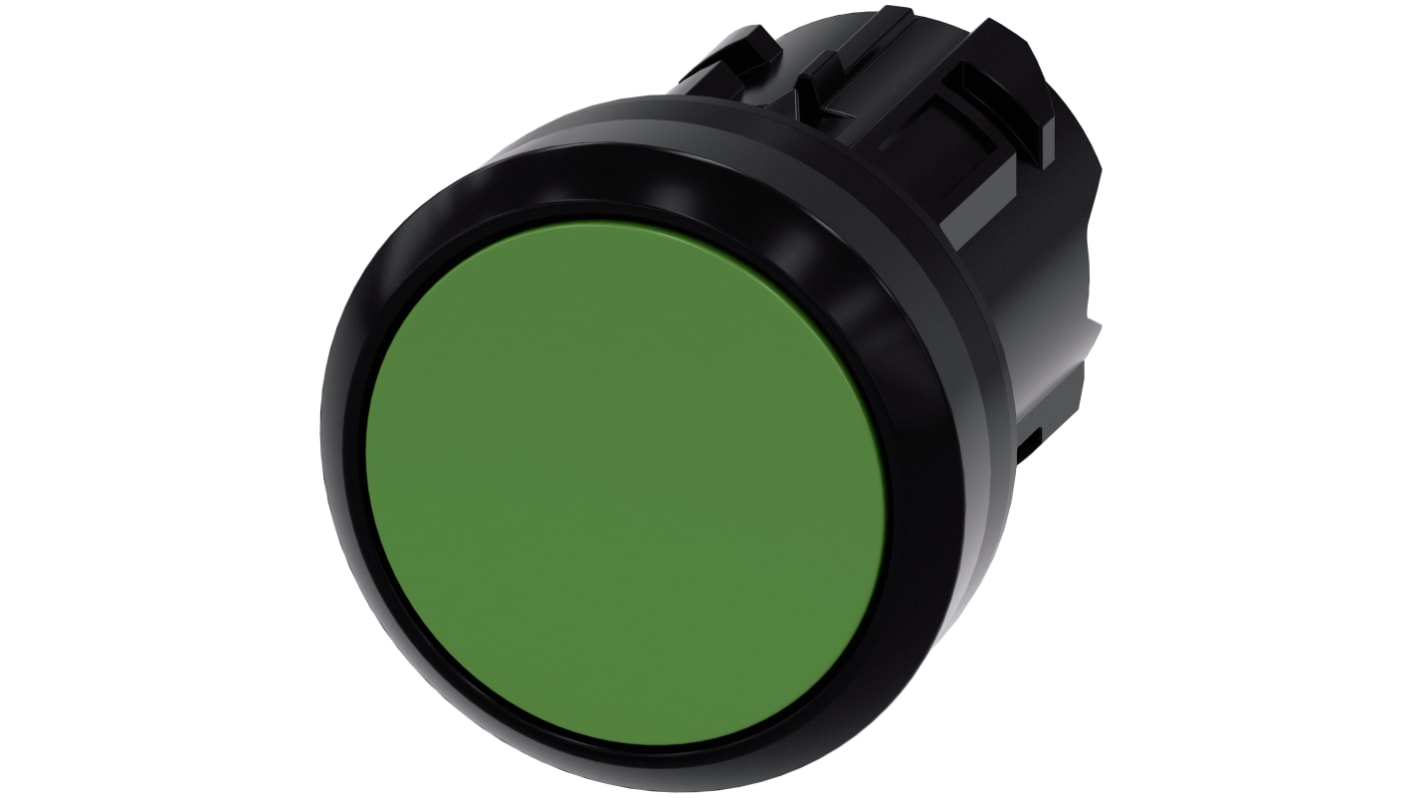 Pulsante Siemens SIRIUS ACT verde, rotondo, diametro 22 mm, attuazione a pulsante, protezione IP66/IP67/IP69K, montaggio senza utensili.