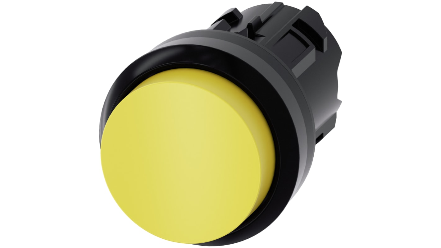 Pulsante instabile Siemens SIRIUS ACT, diametro 22 mm, giallo, protezione IP66/IP67/IP69K, montaggio senza utensili.