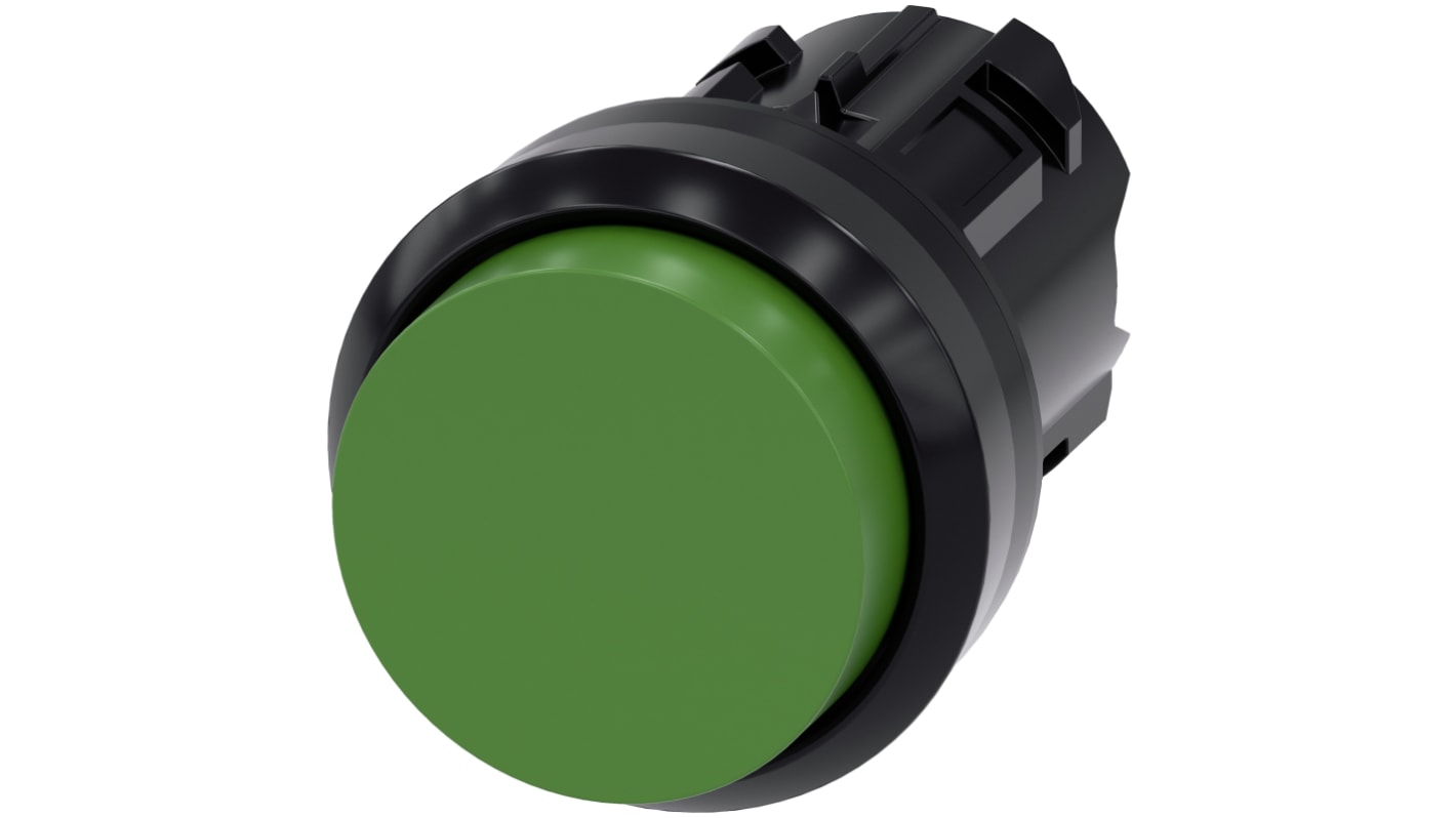 Pulsante instabile Siemens SIRIUS ACT, diametro foro 22 mm, verde, protezione IP69K, montaggio senza utensili.