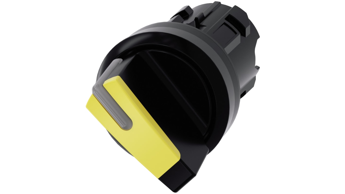 Selettore Siemens SIRIUS ACT a 2 posizioni, diametro 22 mm, impugnatura corta gialla, protezione IP66/IP67/IP69K, montaggio senza utensili.