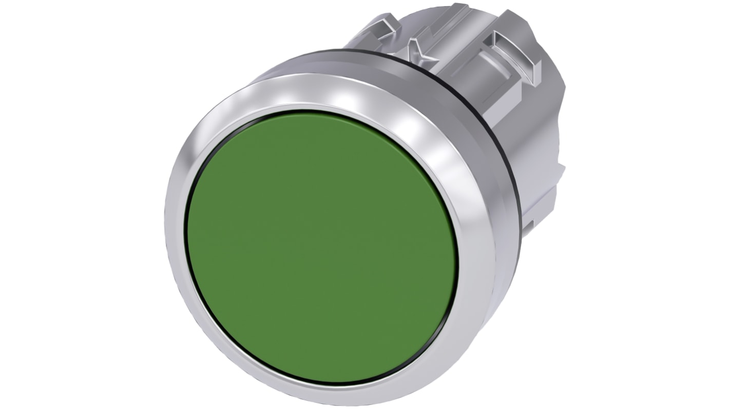 Pulsante Siemens SIRIUS ACT verde rotondo, diametro foro 22 mm, montaggio senza utensili, protezione IP66/IP67/IP69K.