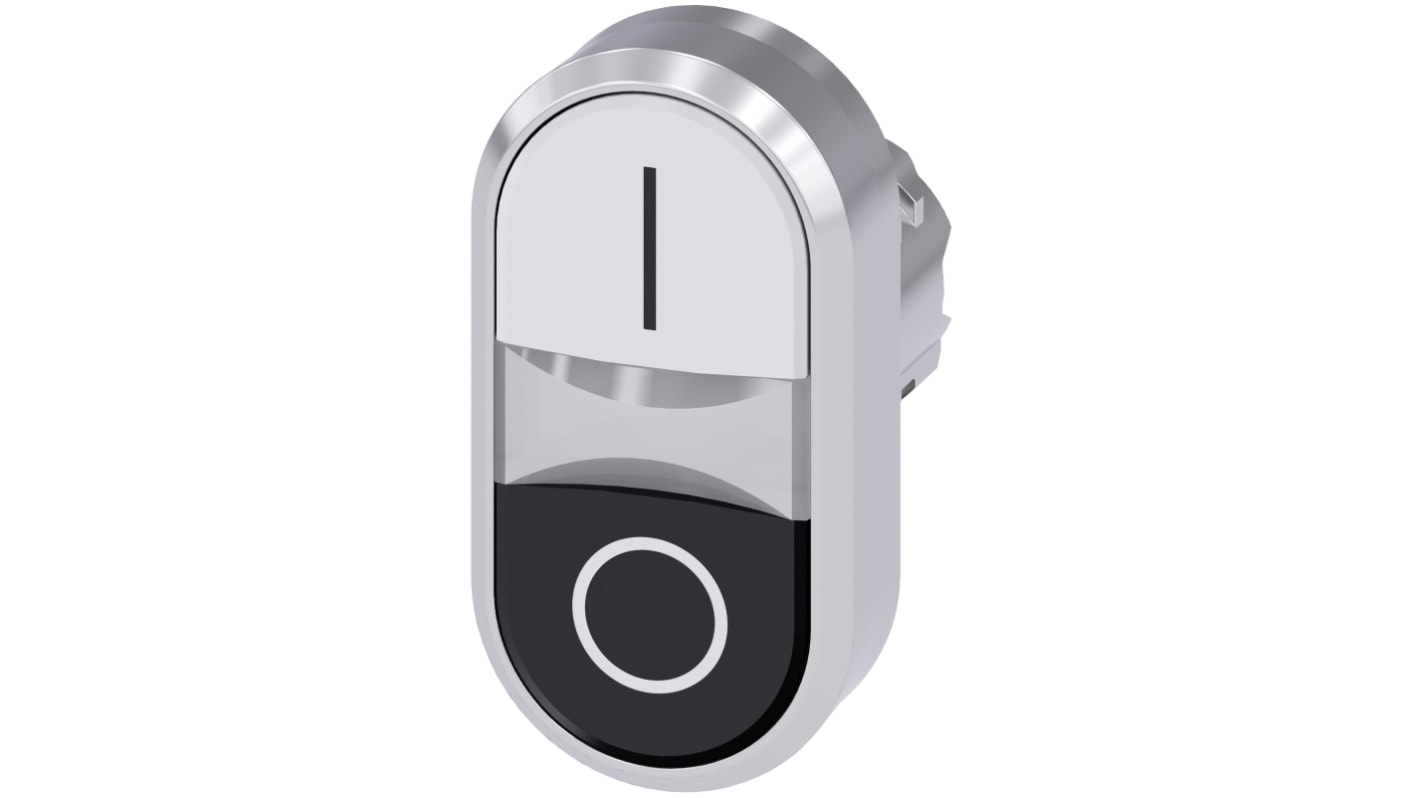 Pulsante instabile Siemens SIRIUS ACT, diametro 29.9 mm, montaggio frontale, protezione IP66/IP67/IP69K, colore nero e bianco.