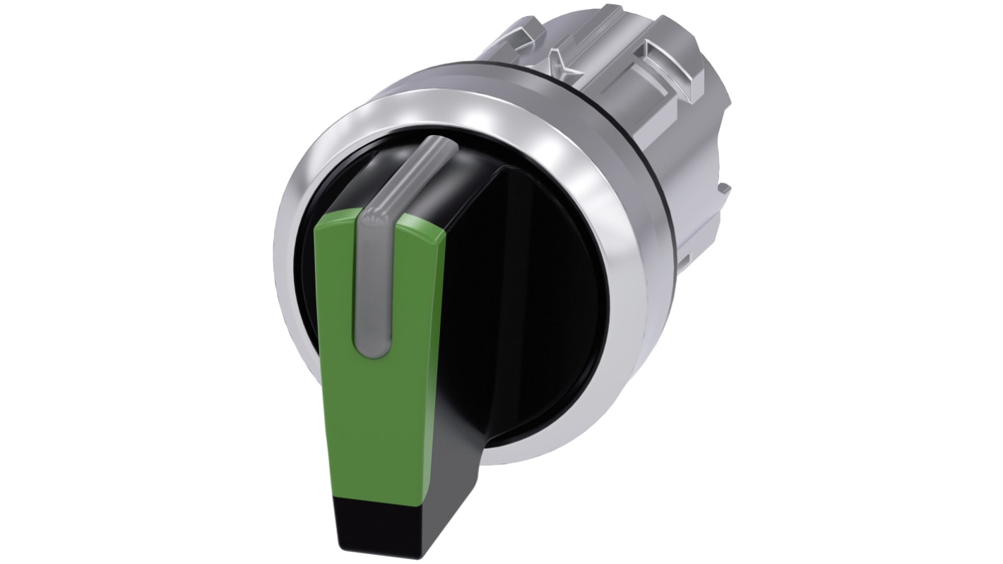 Testa selettore Siemens SIRIUS ACT, metallo lucido, IP69K, automantenimento, protezione antirotazione, verde, 3 posizioni.