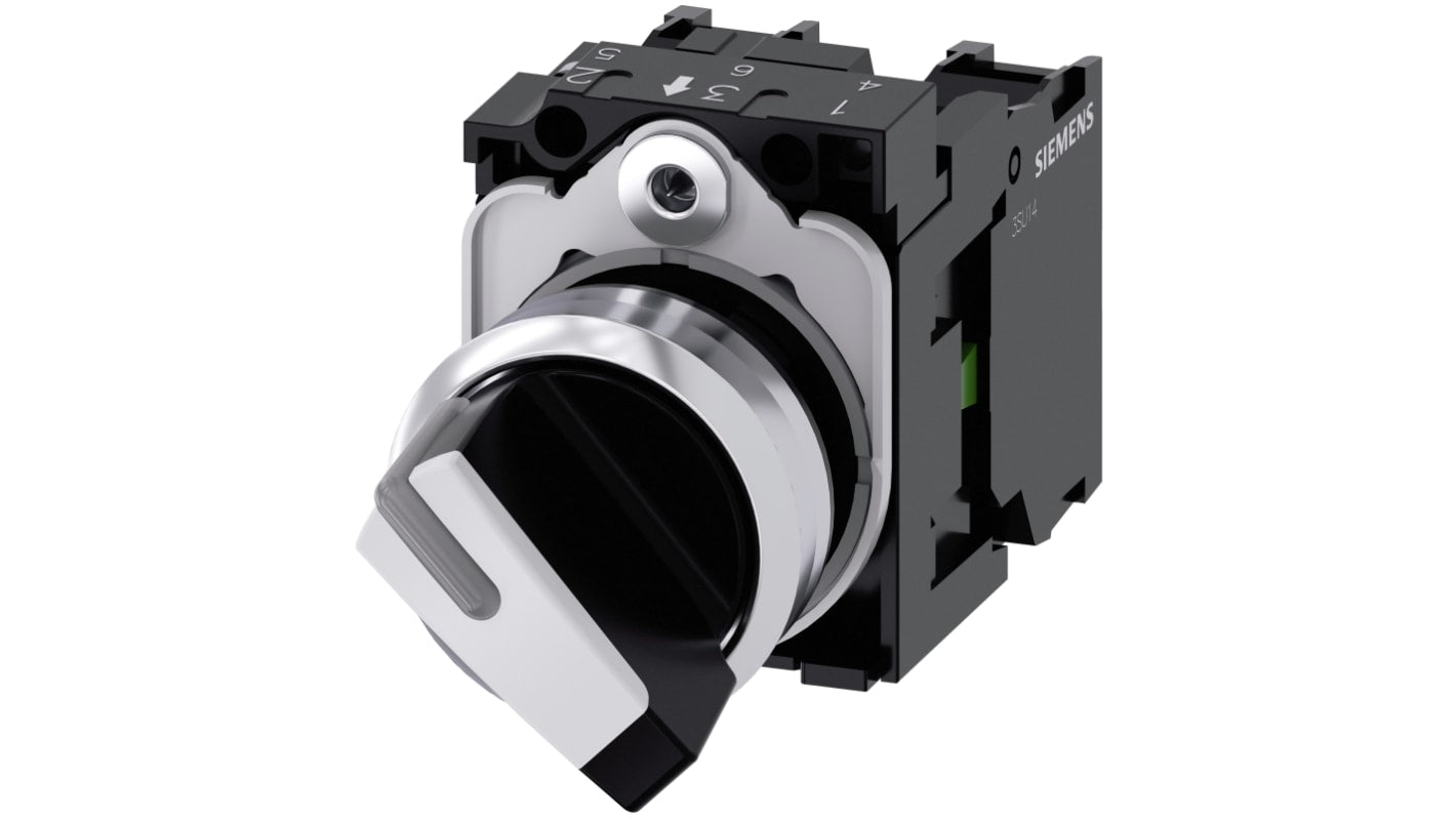 Selettore a 2 posizioni Siemens, diametro foro 22 mm, unità in metallo lucido, protezione IP69K, facile installazione senza utensili.