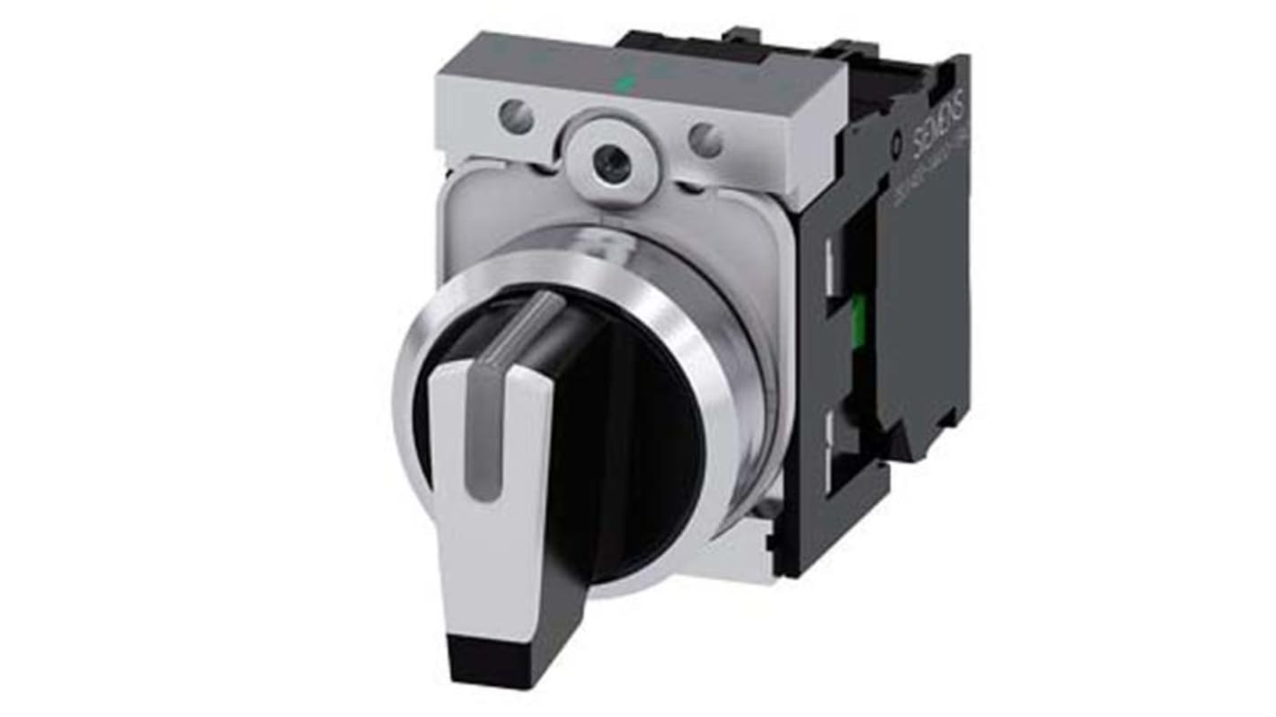 Selettore a 3 posizioni Siemens, diametro foro 22 mm, unità in metallo, protezione IP69K, attivazione momentanea, corrente 10 A.