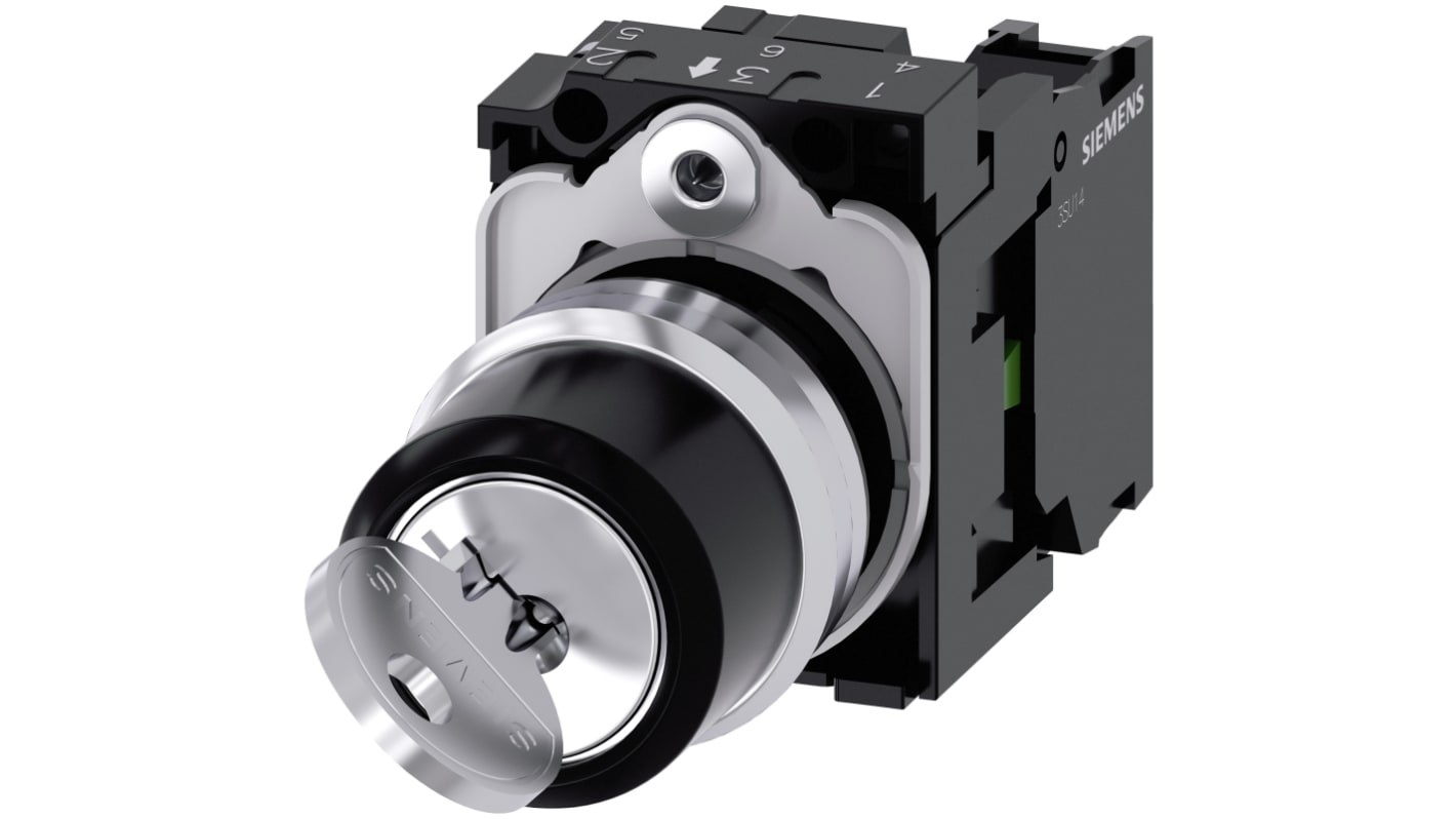 Interruttore a chiave Siemens 3SU1150-4BF11-1BA0, SPST 2 posizioni, IP66/IP67/IP69, installazione senza utensili, 90° di rotazione.