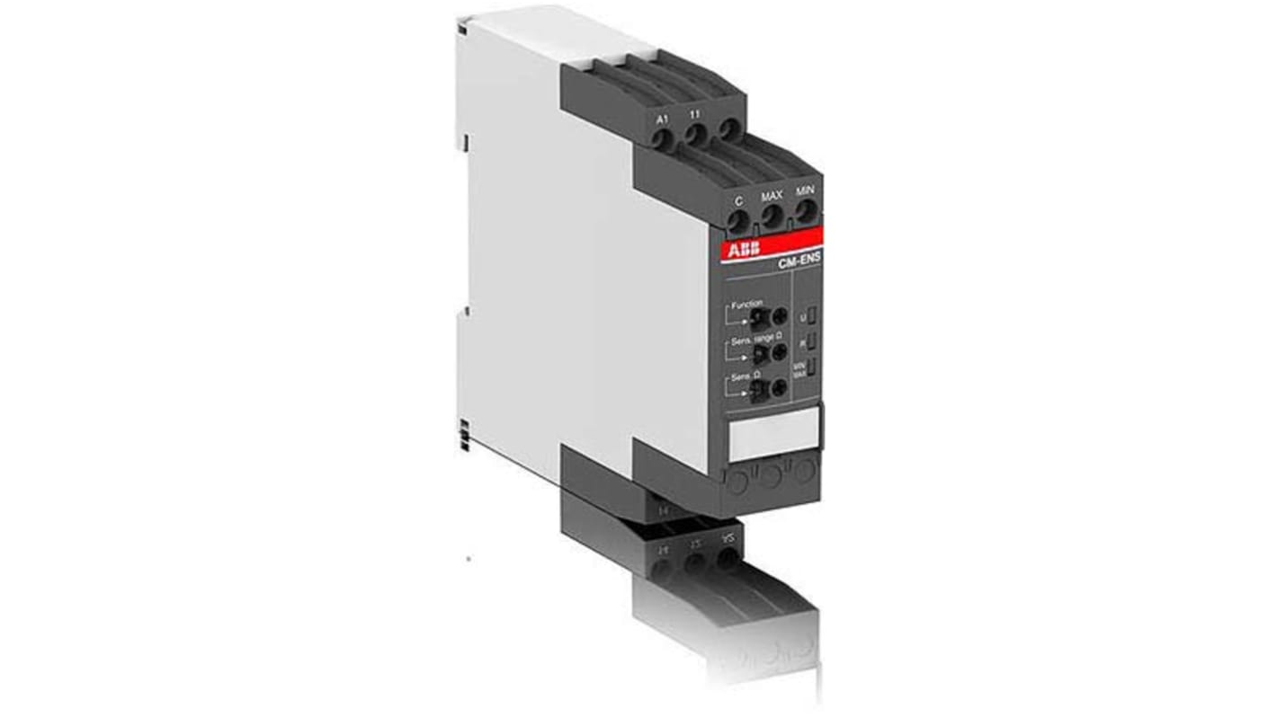Relè di livello liquidi ABB 1SVR730850R2200, montaggio su guida DIN, alimentazione 110-240 V c.a., dimensioni 113.4 x 22.5 x 113.4 mm.