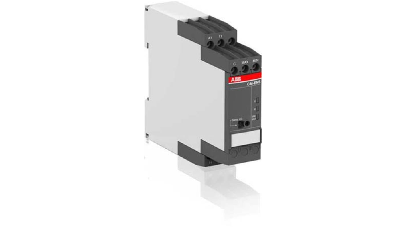 Relè di livello liquidi ABB 1SVR740850R0100, montaggio su guida DIN, alimentazione 24-240 V, contatto SPDT, dimensioni 113.4 x 22.5 mm.