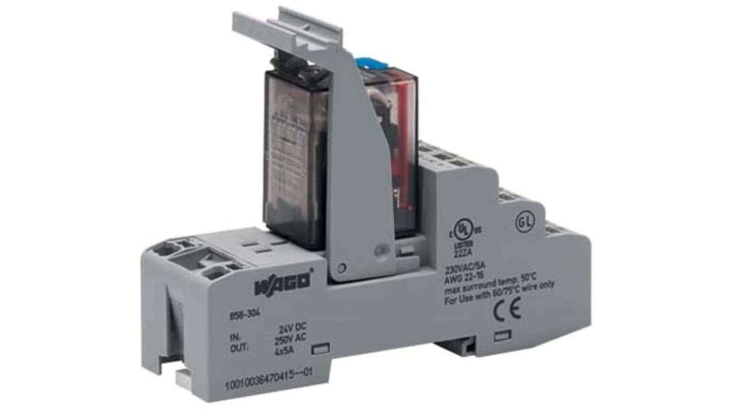 Relè d'interfaccia Wago 858-304, 24V cc, 4PDT, montaggio su guida DIN, dimensioni 73mm x 97mm x 31mm.